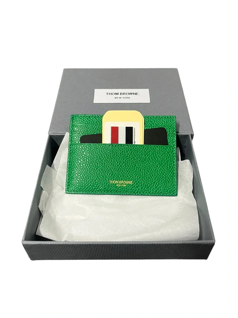 Thom Browne Green Pebbled Leather Card Sleeve with Red White Black Stripe